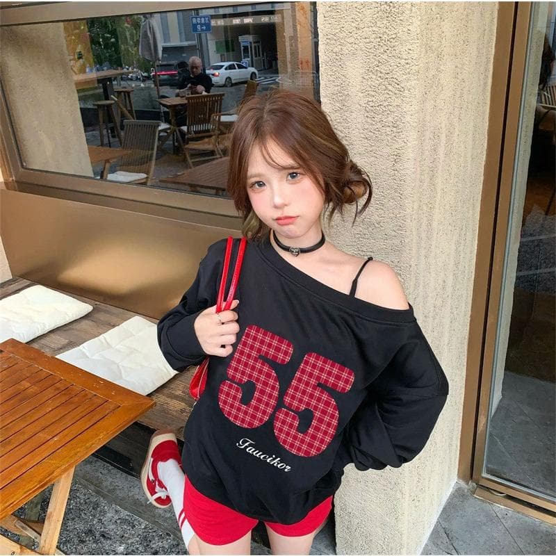 Digital Printed Off-shoulder Design Sweatshirt for Women for Autumn Loose Lazy Small Long Sleeves Off-shoulder Top XXL black