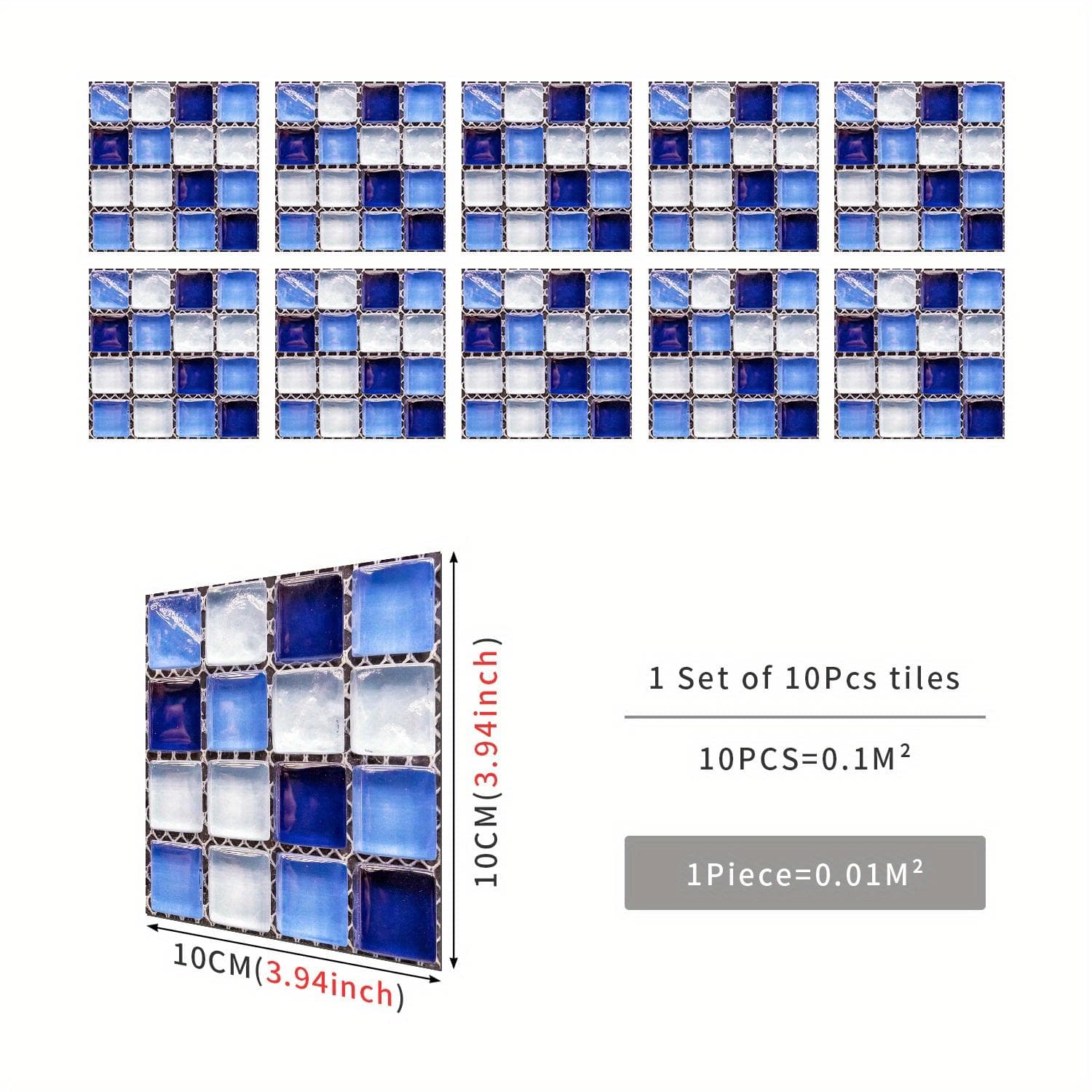 10pcs Mosaic Tile Sticker Waterproof Self-Adhesive Wall Decor for Kitchen & Bathroom - Oil Proof Wall Sticker 15X15cmX10Pcs