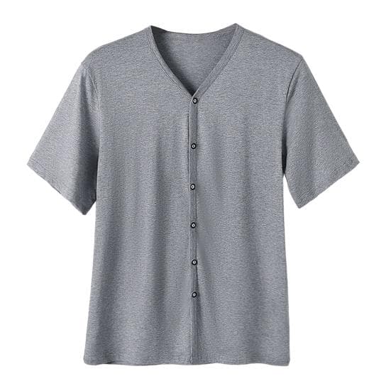Men Button Down T-shirt Solid Color V-Neck Short Sleeve Tee Shirt Summer Casual Breathable Top for Daily Wear Street XXXXL grey