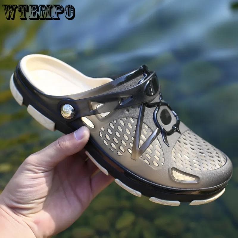 Summer Men's Half Drag Thick Bottom Slippers Non-slip Hole Shoes Casual Sandals and Slippers Breathable Beach Shoes 45 black