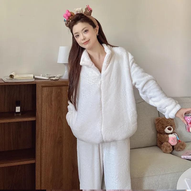 Winter Thicken Warm Sleepwear Oversize Flannel Women Pajamas Set Homewear Loose Casual Coral Fleece Turtleneck Hooded Loungewear XL
