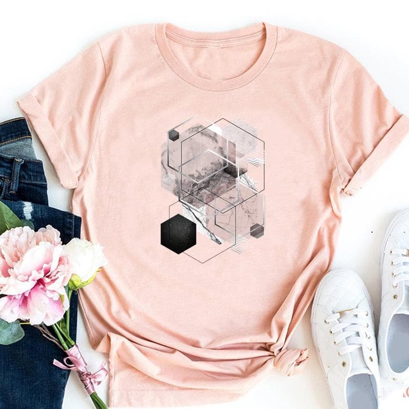 Trend Style Geometric Tee Top Fashion T Shirt 90s Sweet Lovely Clothing Casual Short Sleeve Women Print Lady Female Graphic T-shirt L