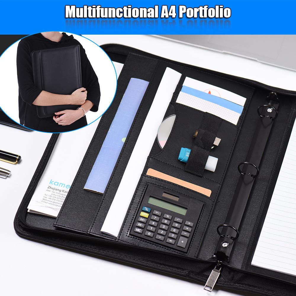 A4 PU Zippered Folder Document Case Portfolio Organizer Memo Pad &Caculator