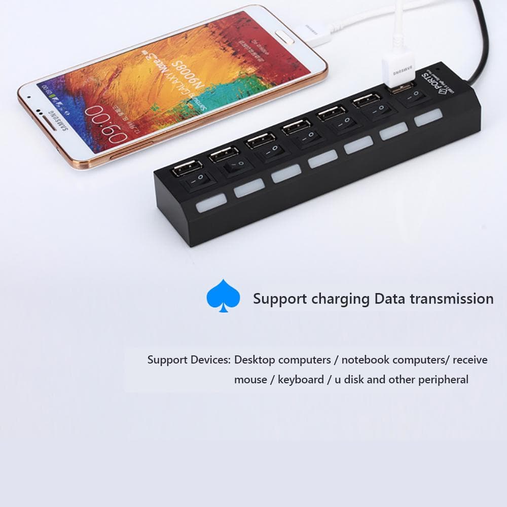 USB Hub 7 Port USB 2.0 Adapter Hub Independent Switch Indicator High Speed Ultra Slim Splitter Hub black