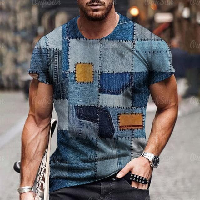 Men's T Shirt 3D Digital Patchwork Graphic Print Short Sleeve T-Shirts Comfy Casual Elastic Crew Neck Men Outdoor Activities Top S