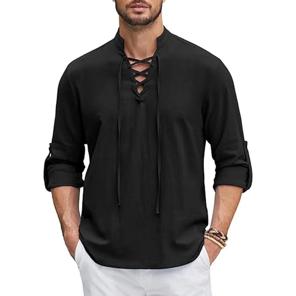 Men's Renaissance Shirt Pirate Medieval Viking top Cotton Linen Shirts Men Long Sleeved Halloween Costume L black