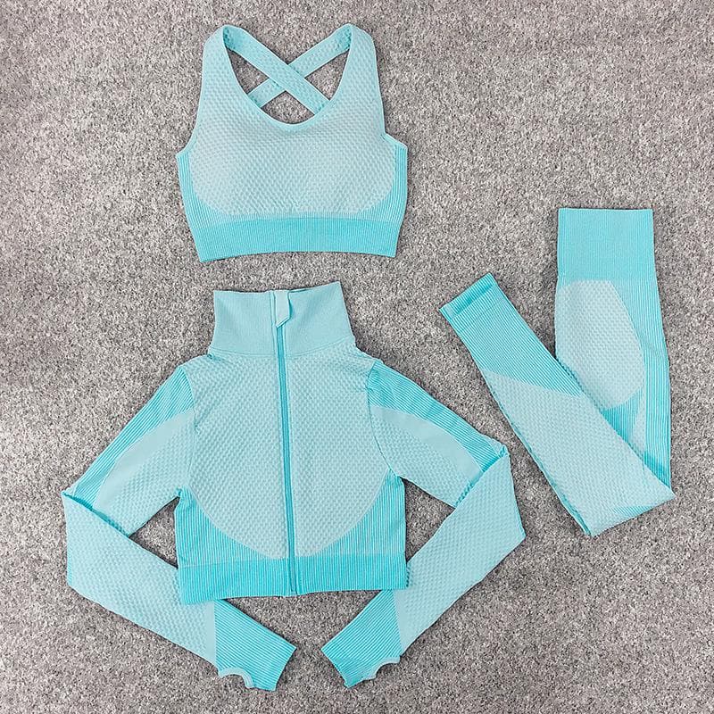 3PCS Seamless Women Yoga Set Workout Sportswear Gym Clothing Fitness Long Sleeve Crop Top High Waist Leggings Sports Suits M
