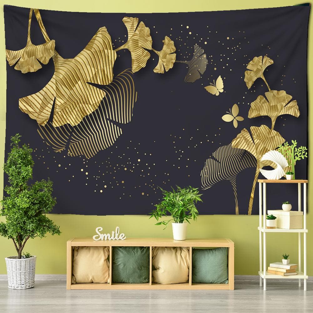Gold Gingko Leaf Tapestry Wall Hanging Tropical Leaves Flowers Bohemian Psychedelic Background Bedspread Home Decor 95x70CM
