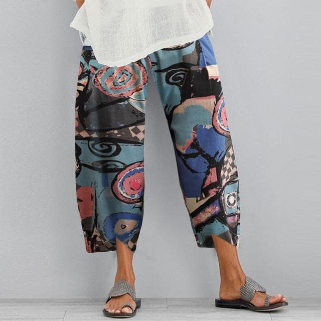 Women Vintage Harem Pants Floral Print Elastic Waist Plus Size Loose Trousers Cotton Linen Wide Leg Pant Loose Summer Pants XXXXXL blue