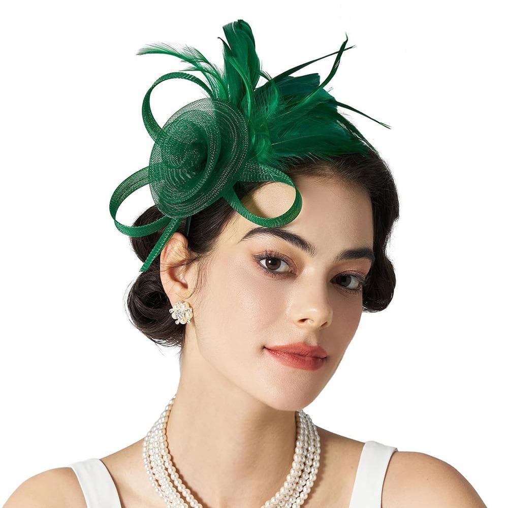 British Cocktail Tea Party Headband Mesh Flower Hair Hoop Fascinators Feather Headpiece for Women green