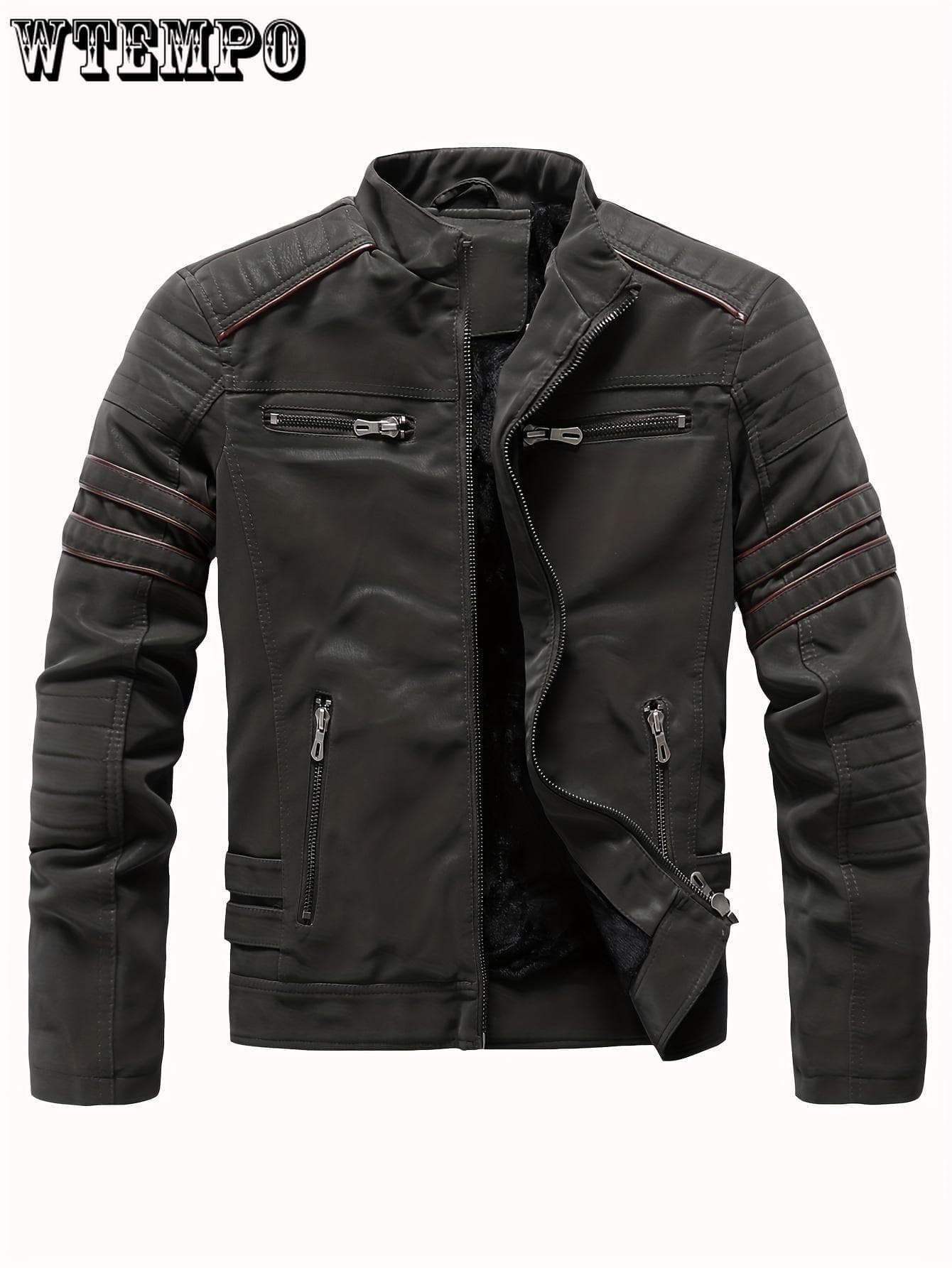 Retro PU Biker Jacket, Men's Casual Stand Collar Faux Leather Jacket XXXXL