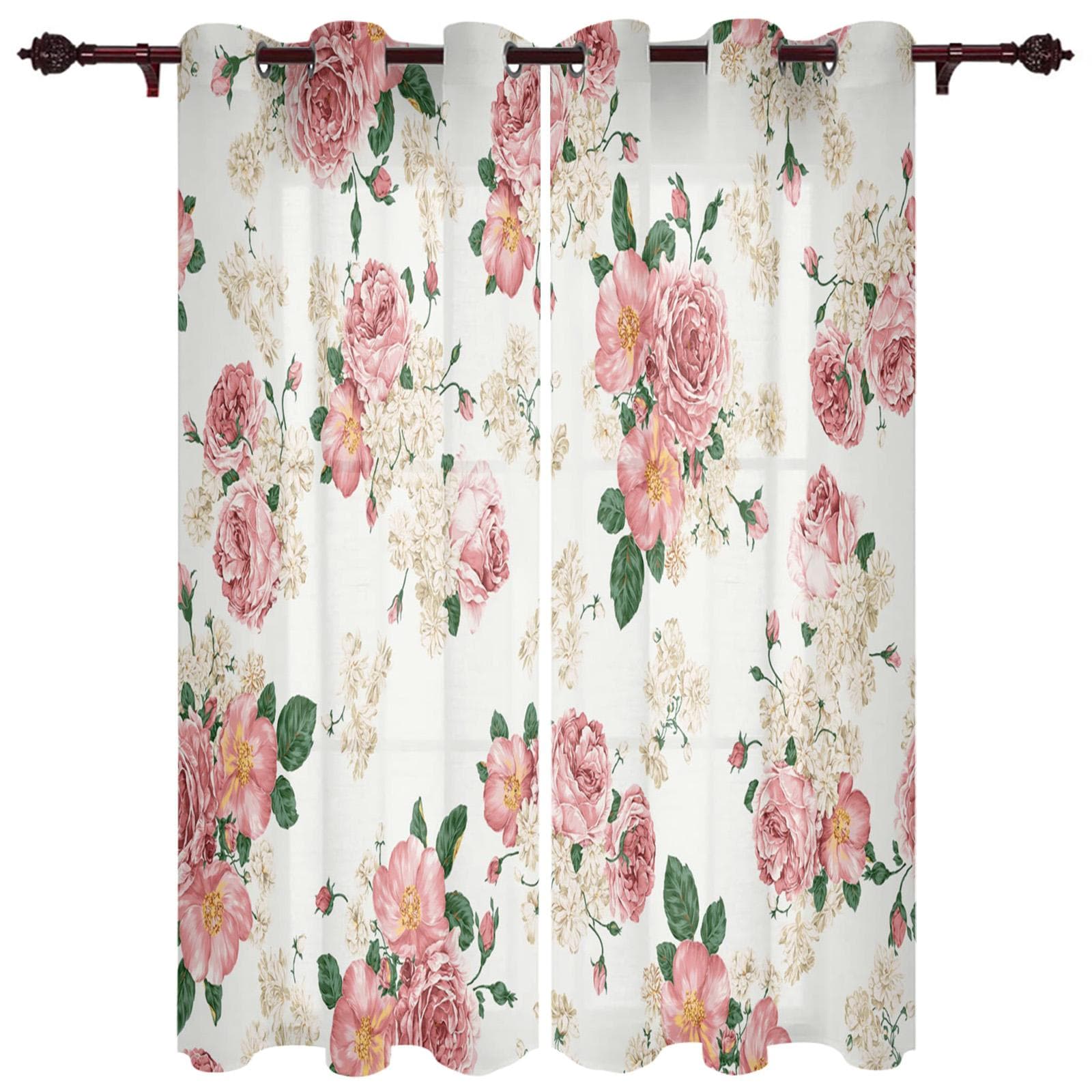 Pink Rose Romantic Window Curtains Kitchen Drapes Panel Home Decor Curtains for Living Room Curtains for Bedroom 135W x 115H(cm)