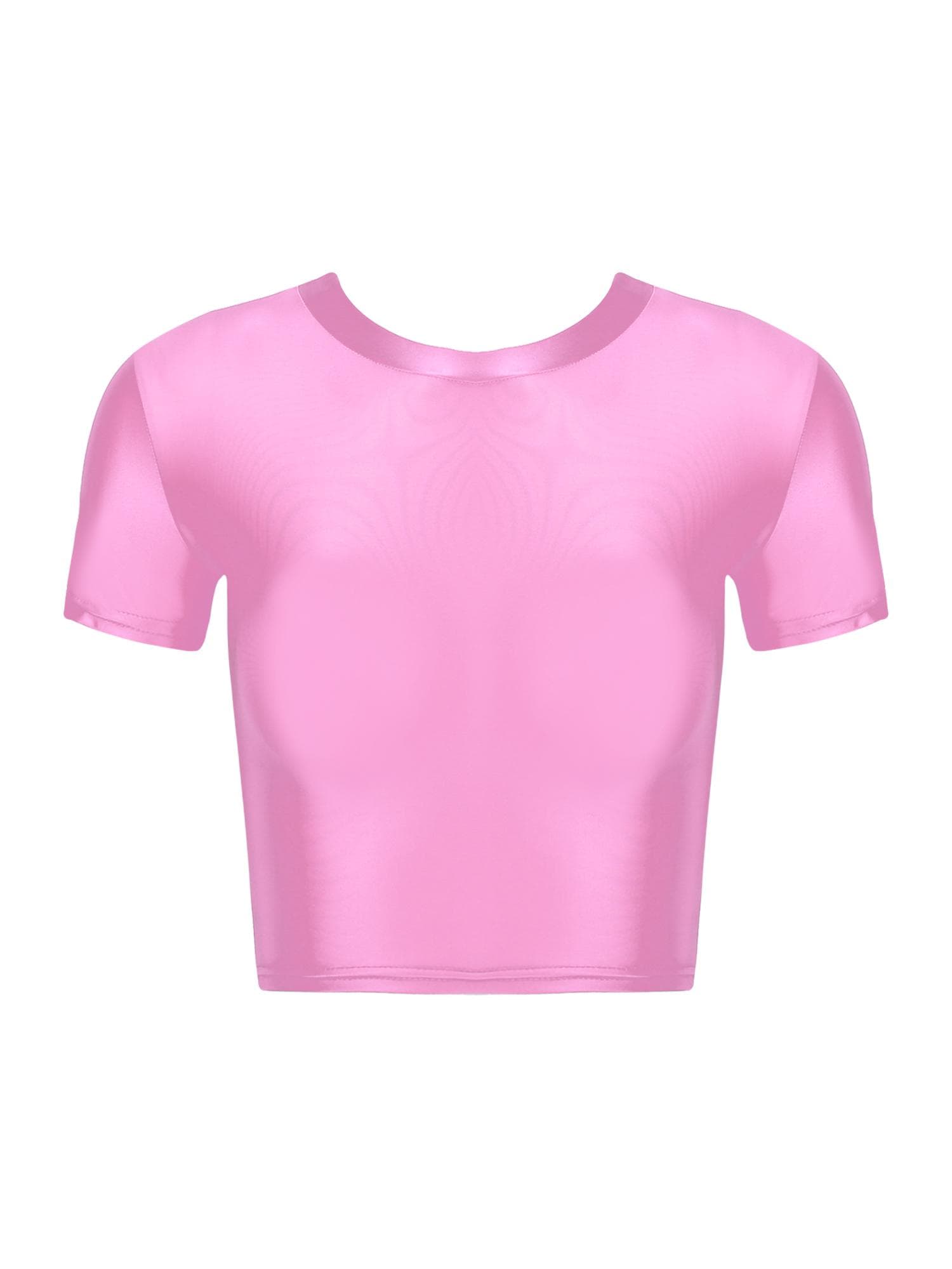 Womens Slim Fit Crop Top Short Sleeve Round Neck Stretchy Sportswear Top M pink