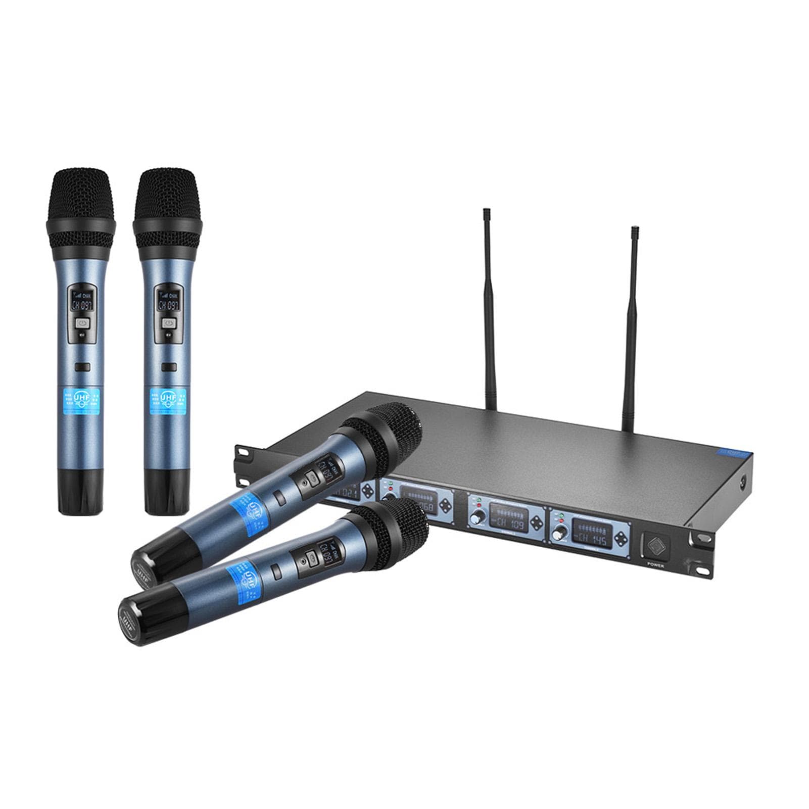 4D Professional 4 Channel UHF Wireless Handheld Microphone System 4 Microphones 1 Wireless Receiver US Plug blue