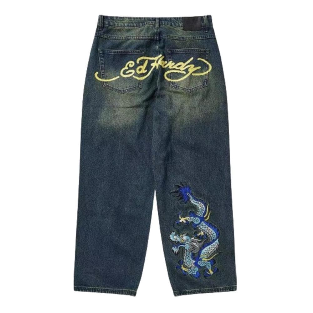 RogueWave European and American Retro High Street Hip-hop Oldschool Skull Embroidery Loose Casual Stylish Jeans Trousers 28