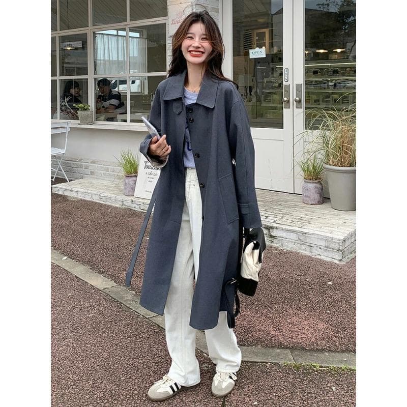 Windbreaker Women's New Style Korean Atmosphere Gray Waist Mid-length Spring and Autumn Work Jacket Top Coat XL
