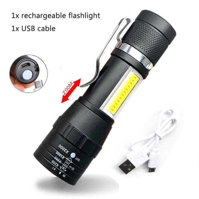 Bright XPE+COB 4Modes USB Rechargeable Waterproof Zoomable LED Flashlight Torch Tial Clip Cable C cool black