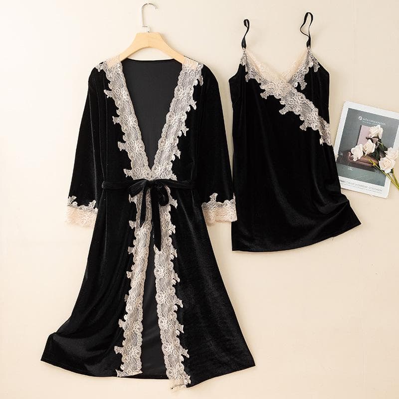 New Autumn Velvet Pajamas Two-piece Robe Set Feminine Lace See-through Robe Bathrobe Casual Velvet Home Clothes XL