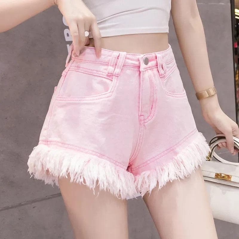 Summer Thin Big Breasted Pink Slim Denim Shorts for Women's Design Tassel A-line Pants XL pink