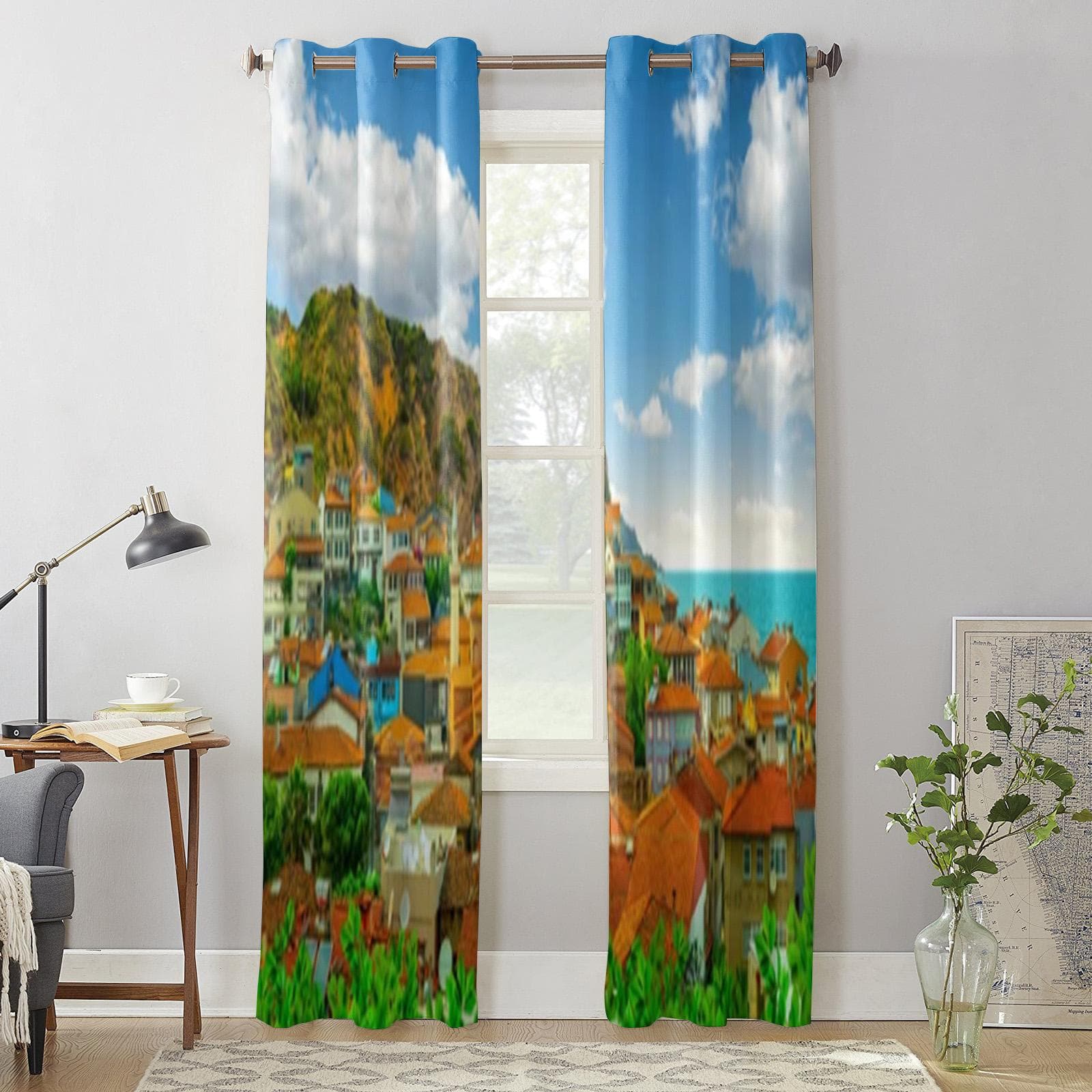 Village Landscape On The Coast Window Curtain For Kids Room Home Blinds Curtains For Living Room Bedroom Window Drapes 135W x 60H(cm) x1
