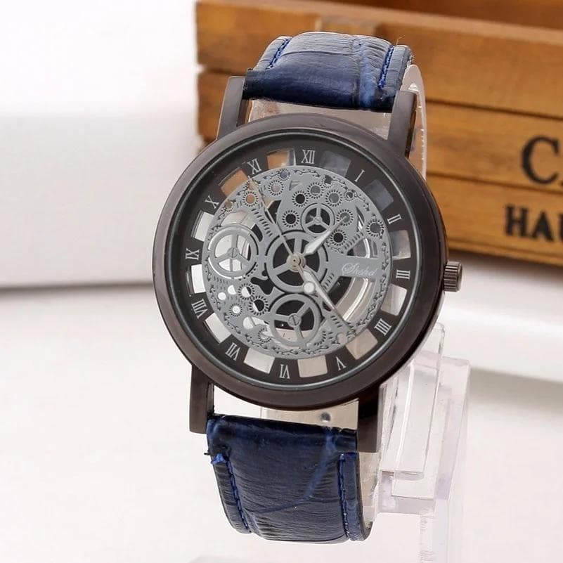 Fashion Business Skeleton Watch Men Engraving Hollow Reloj Hombre Dress Quartz Wristwatch Leather Band Women Clock bule