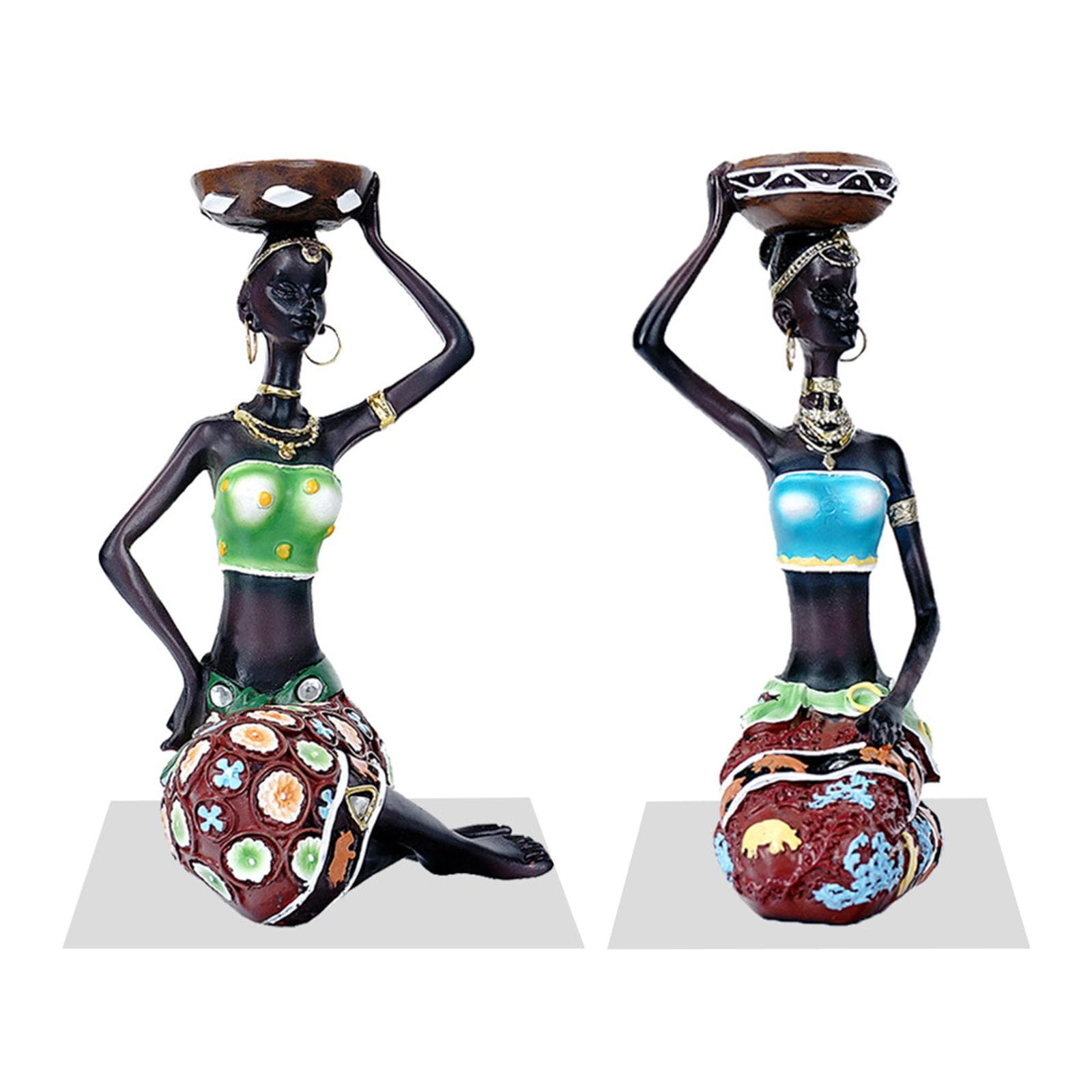 2PCS Vintage African Women Statue Candle Holders Resin Figurines Fits Up to 3.5cm Diameter Candles