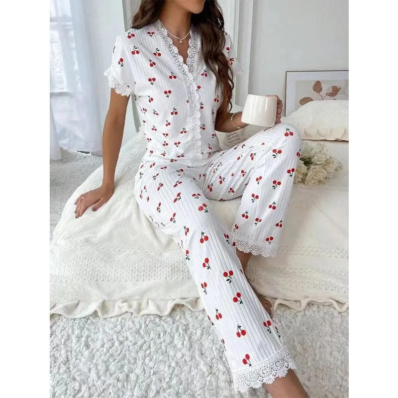 New 2 Piece Set Lace Shirts Short Sleeve V-Neck Top Summer Nightclothes Cherry Print Women Elegant Pajamas Long Pants Sleepwear 2XL white