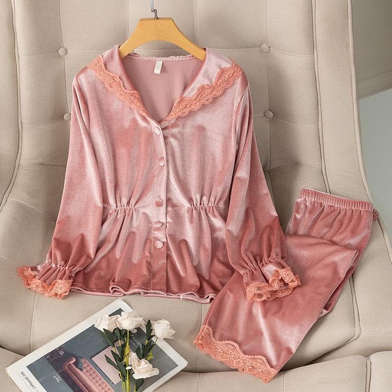 Vintage Palace Style Velvet Pajamas for Women Autumn Winter Pyjama Trouser Suits Loose Pink Lace Trim Velour Nightwear Home Wear XL
