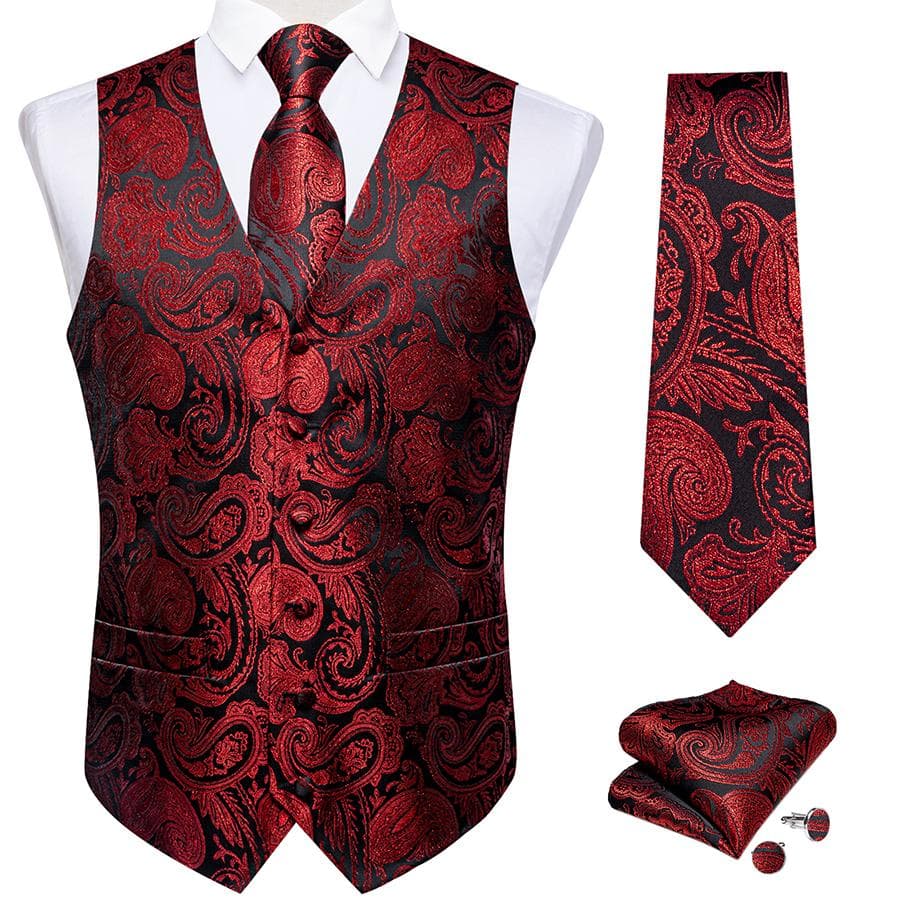 Mens Waistcoats Vest Set Red Blue Black Purple Paisley Waistcoat Dress Wedding S