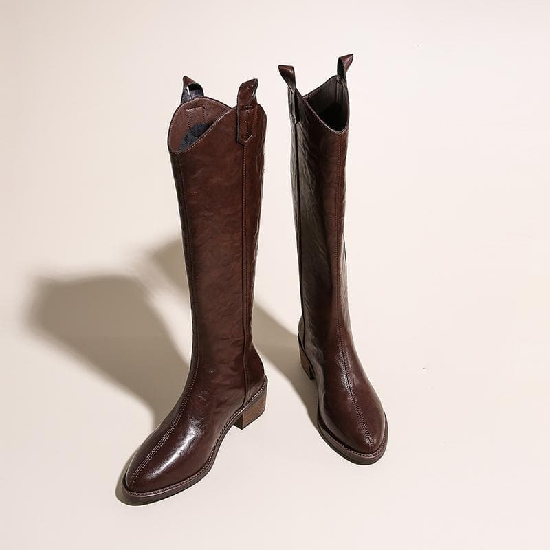 Women Knee-high Boots Leather Natural Leather Ladies Bootie Autumn and Winter Western Boots Goth Shoes Long Botas 43 brown