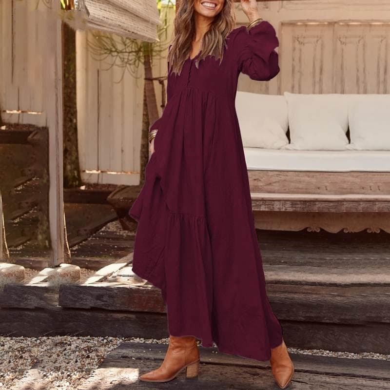 Women's Cotton and Linen Retro Casual Long Sleeved Dress 5XL burgundy