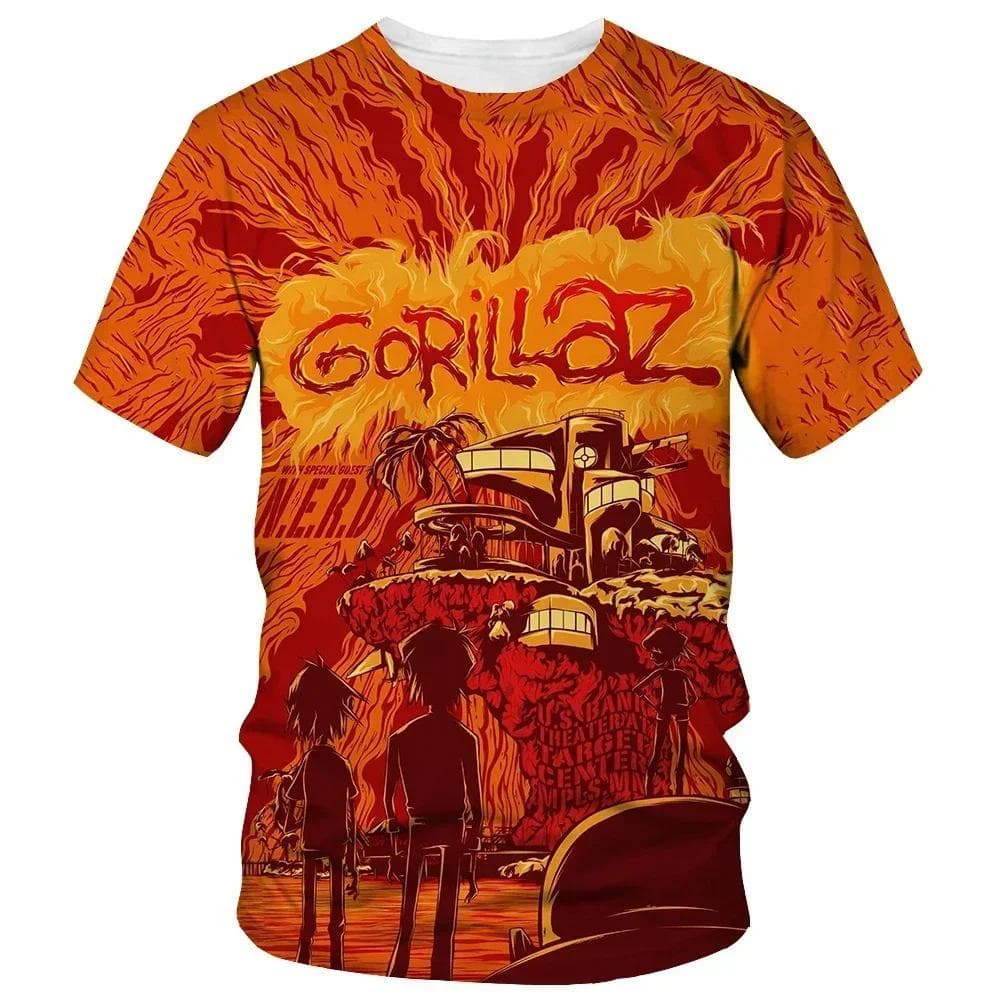 From cartoon to fashionable Gorillaz 3D printed new T-shirt, Harajuku style casual short sleeved hip-hop T-shirt for men and women, street T-shirt 6XL brown