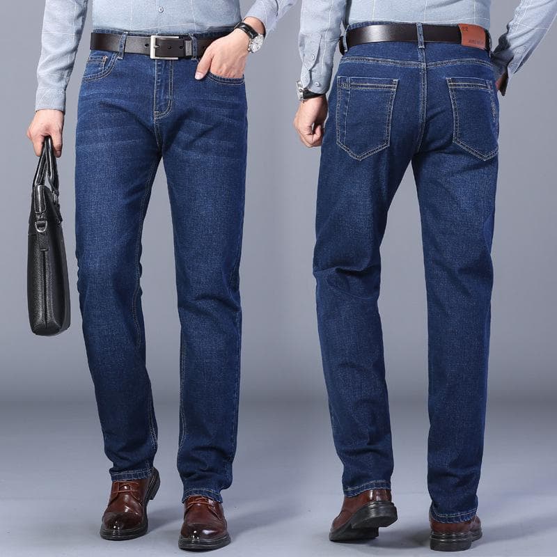 Men's High Waist Stretch Denim One-Piece: Comfortable, Loose-Fit, Straight-Leg Business Pants for Middle-Aged Men 35 dark blue