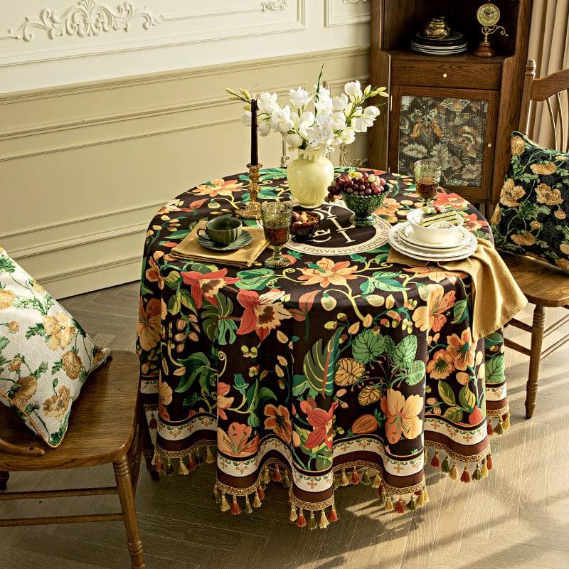 Luxury Elegant Tassels Tablecloth for Living Room Cover Table Party Table Cloth American Dark Brown Printing Table Decoration Round 140cm