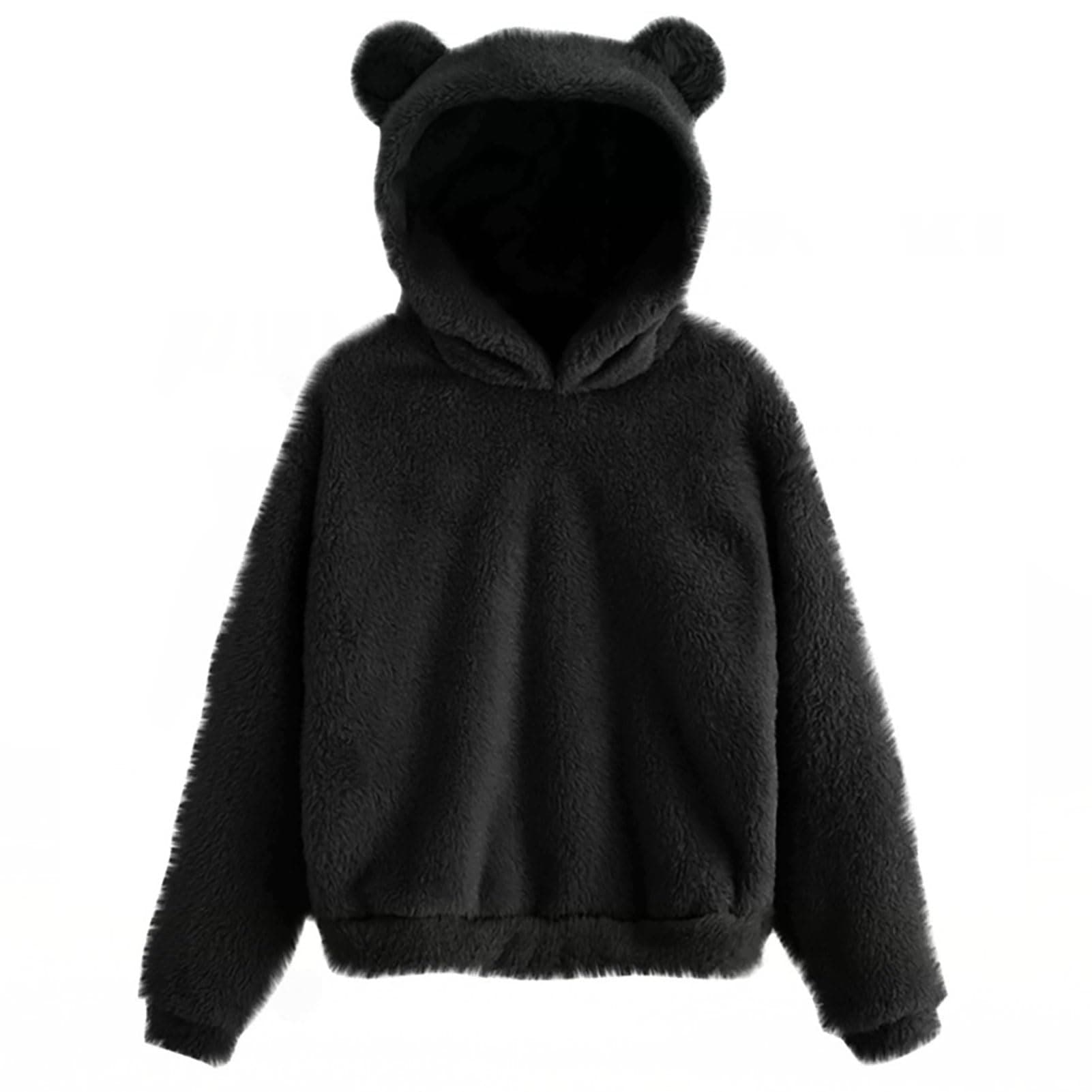 [PZUYBZQ] Bear Ear Hoodie for Women and Teen Girls, Fluffy Fleece Pullover, Warm Sherpa Lining, Cute Hooded Sweatshirt for Fall and Winter (Black, Sma