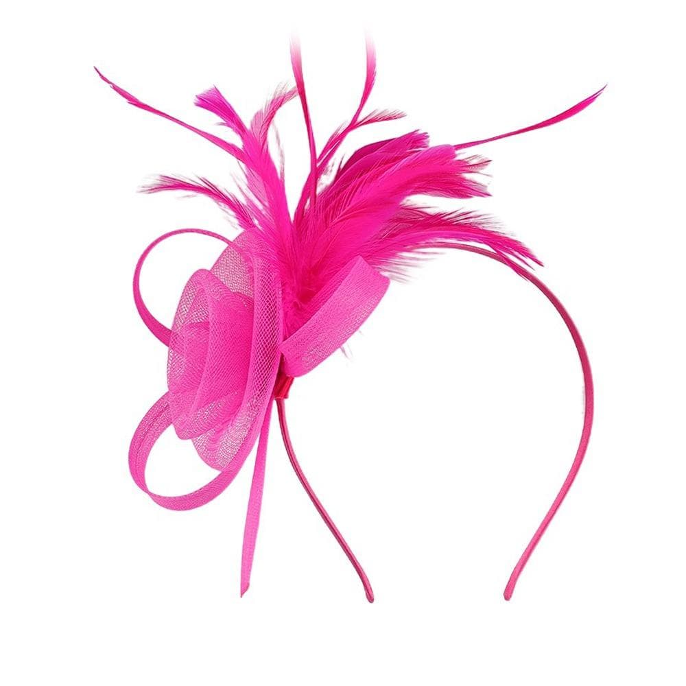 British Cocktail Tea Party Headband Mesh Flower Hair Hoop Fascinators Feather Headpiece for Women rose red