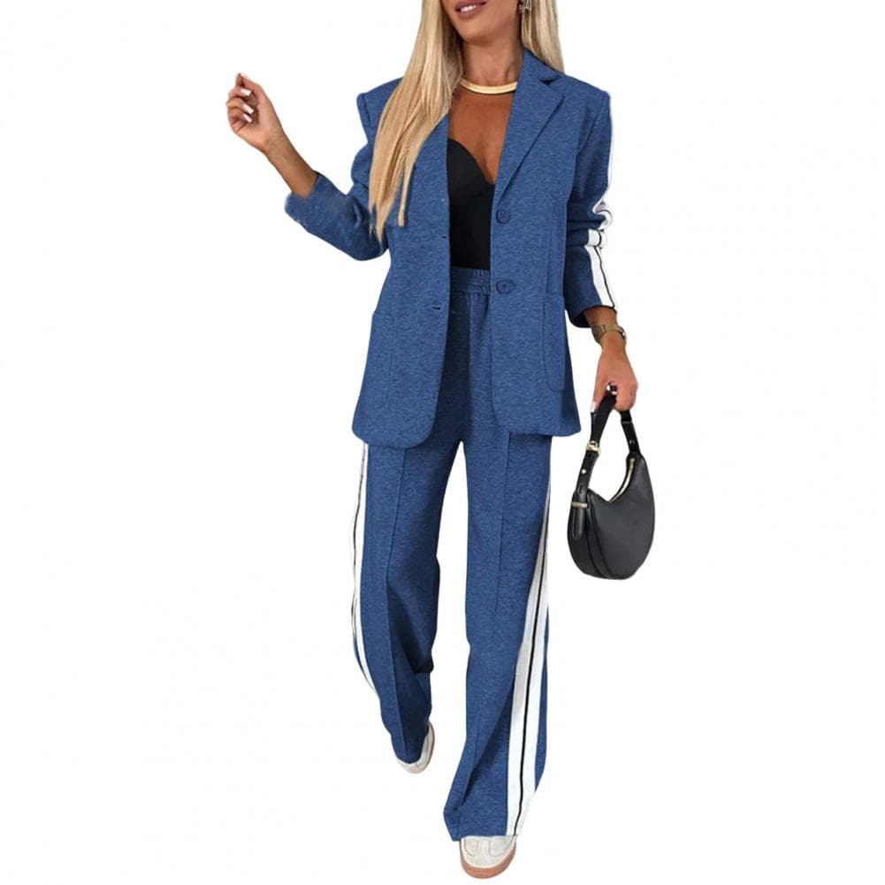 Women Shirt Pants Set Elegant Women's Formal Coat Pants Set with Striped Wide Leg Trousers Chic Single-breasted Jacket for Daily S blue