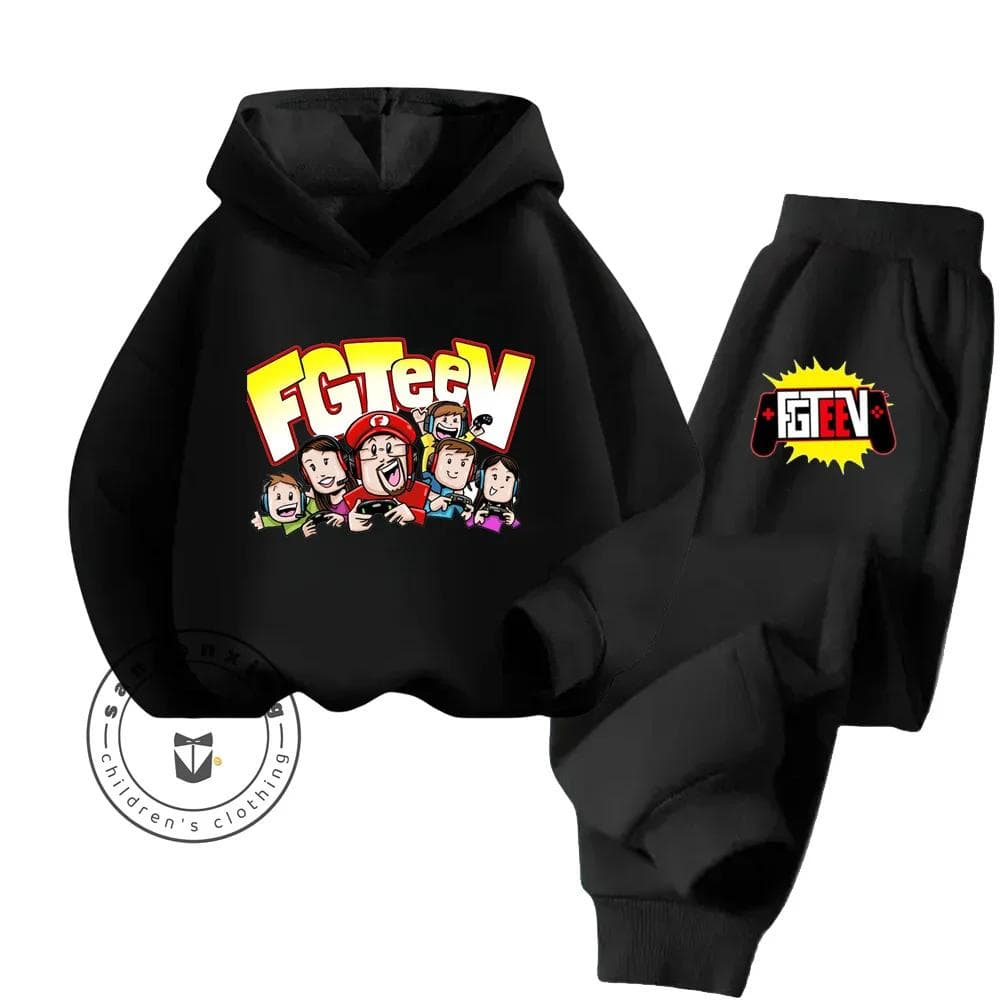 FGTeeV Cartoon Loungewear Ideal for Lazy Weekends Indoors Children's Creative Design Cartoon Printing Pure Cotton Hoodie Set 120