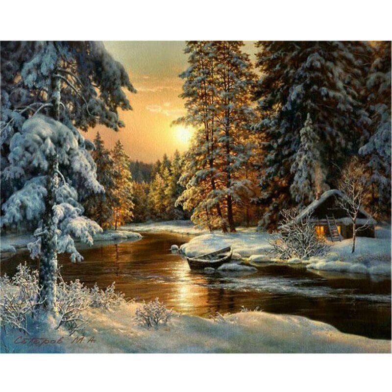 Diamond Painting Snowy Tree Cross Stitch Rhinestone Embroidery Mosaic Home Decor Gift Sunrise 50X70CM