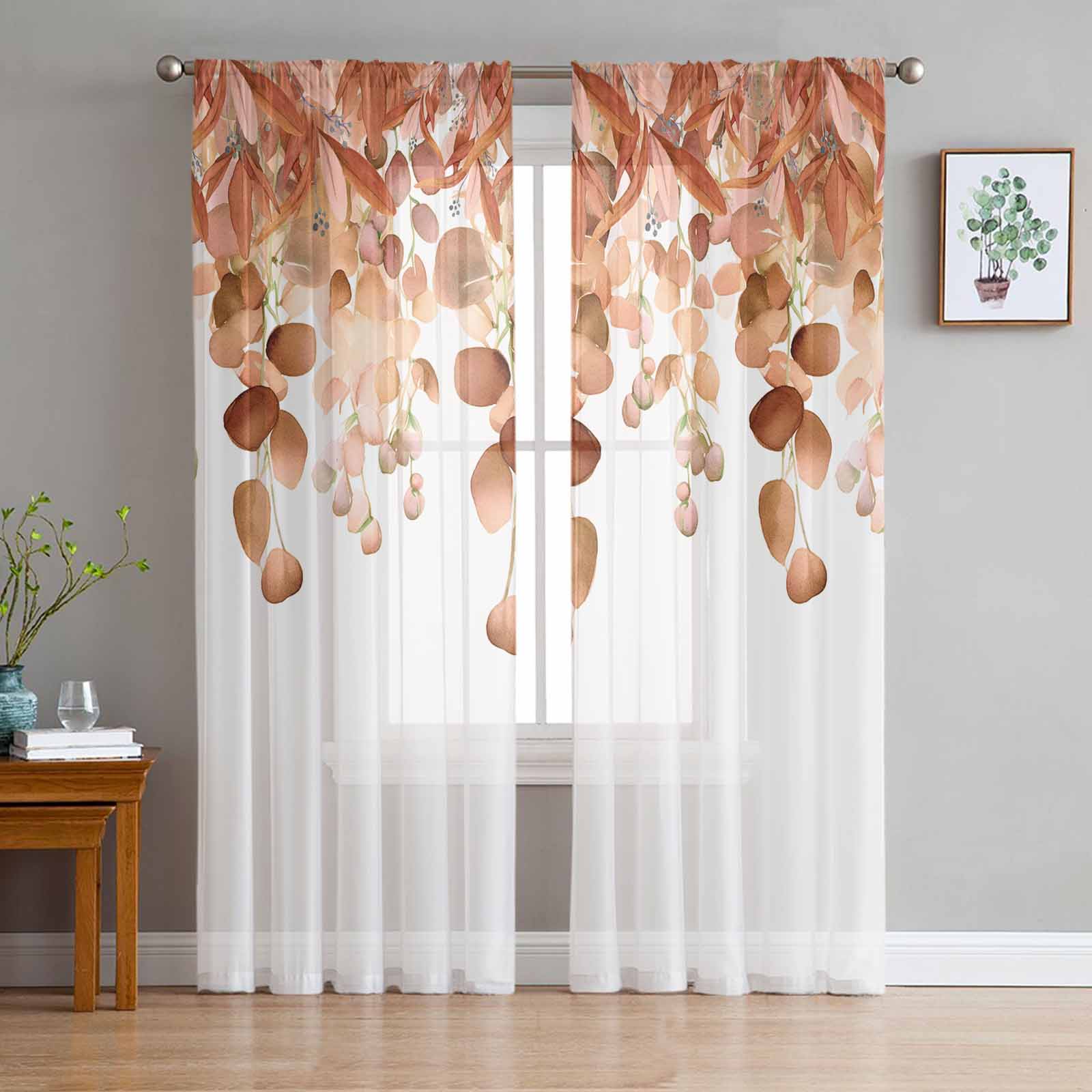 Watercolor Eucalyptus Leaves Tulle Window Curtains for Bedroom Luxury Home Decor Drapes in Living Room Chiffon Panels 135W x 114H(cm)