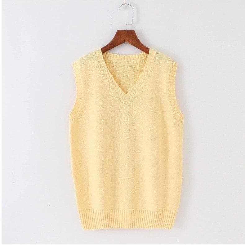 Preppy Style Solid JK Sweater Vest Women V-Neck Tops Sleeveless Sweater Female Pink Knitted Pullover Jumper Truien Dames 23248 XL yellow