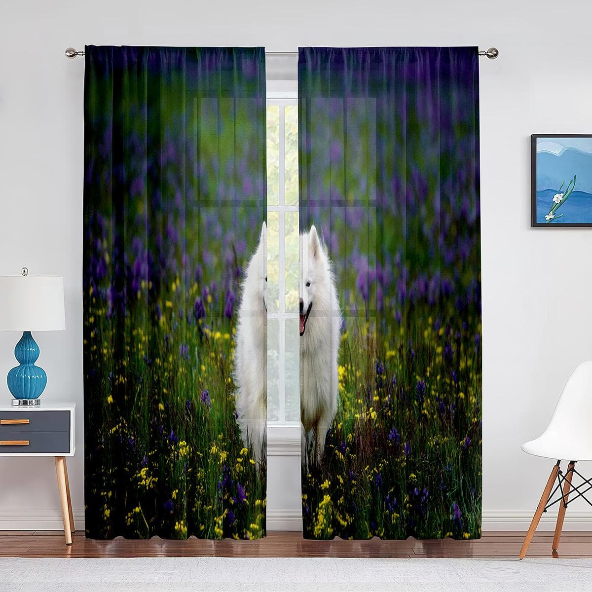 Samoyed Dog Winter Forest Background Sheer Voile Curtain for Living Room Bedroom Drape Kitchen Window Tulle Curtains Home Decor 1 PCS W100XH250cm&Grommet Top