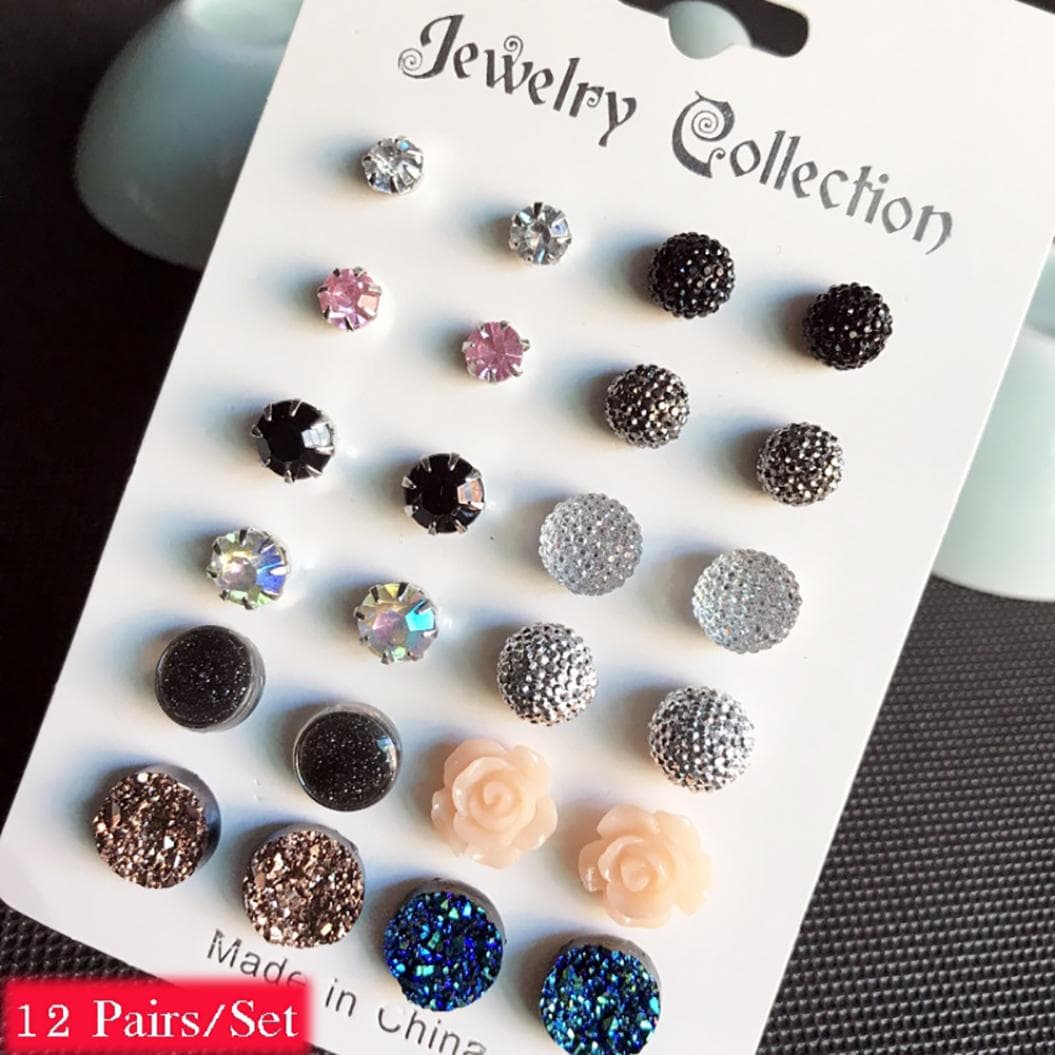12Pairs/Set Charming Women Round Rhinestone Flower Stud Earrings Jewelry Gift