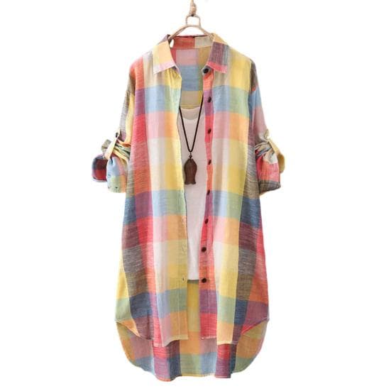 Women Shirt Plaid Print Contrast Color Irregular Hem Single-breasted Long Sleeve Lapel Oversized Soft Breathable Top L orange/yellow