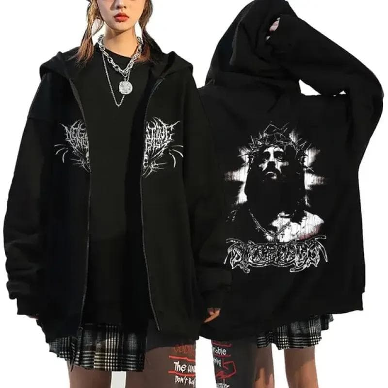 Gothic Style Heart Print Hoodies Women Fleece Zipper Hoodie Harajuku Streetwear Sweatshirts Loose Casual Y2K Zip Up Jacket 2XL