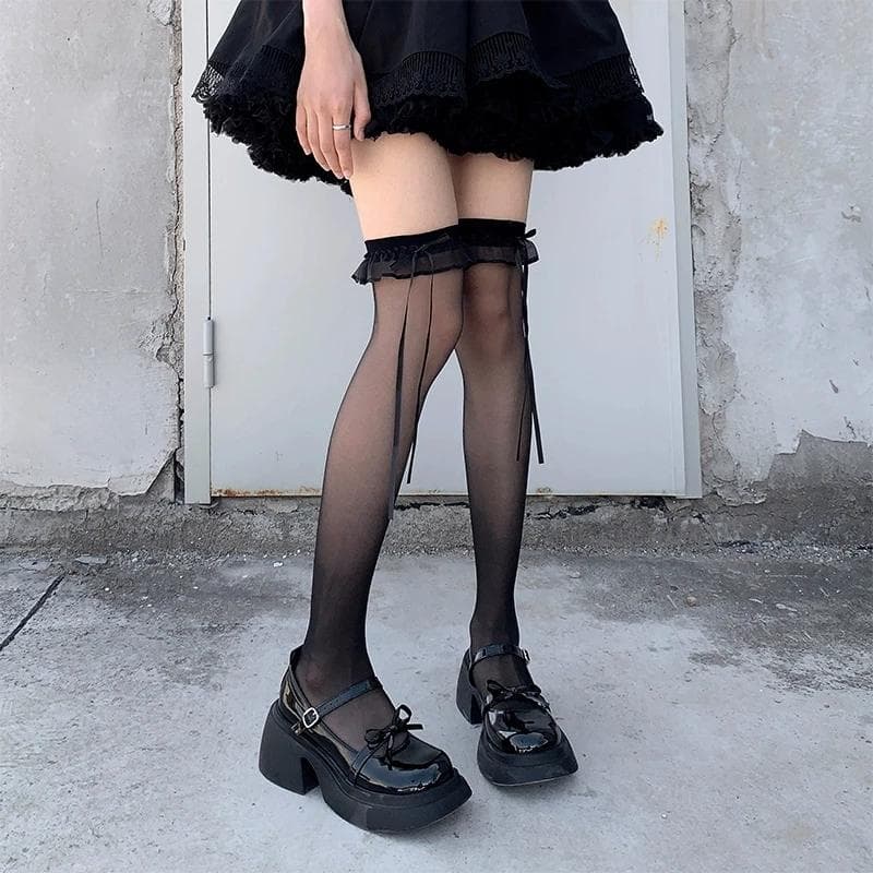 Black White Ruffle Long Socks Women Girls Sweet Ultra-thin Stockings JK Lolita Lace Leggings Over The Knee Bowknot Hosiery black
