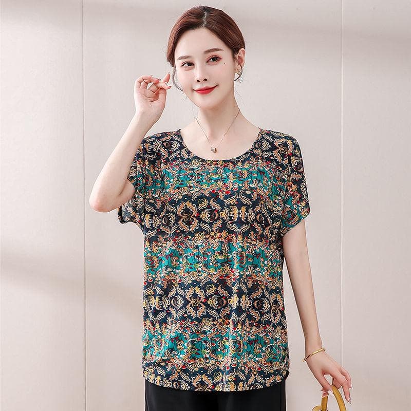 Women's Short-sleeved Hundred Printed Short-sleeved Fashion Casual T-shirt Loose Breathable Tops 3XL