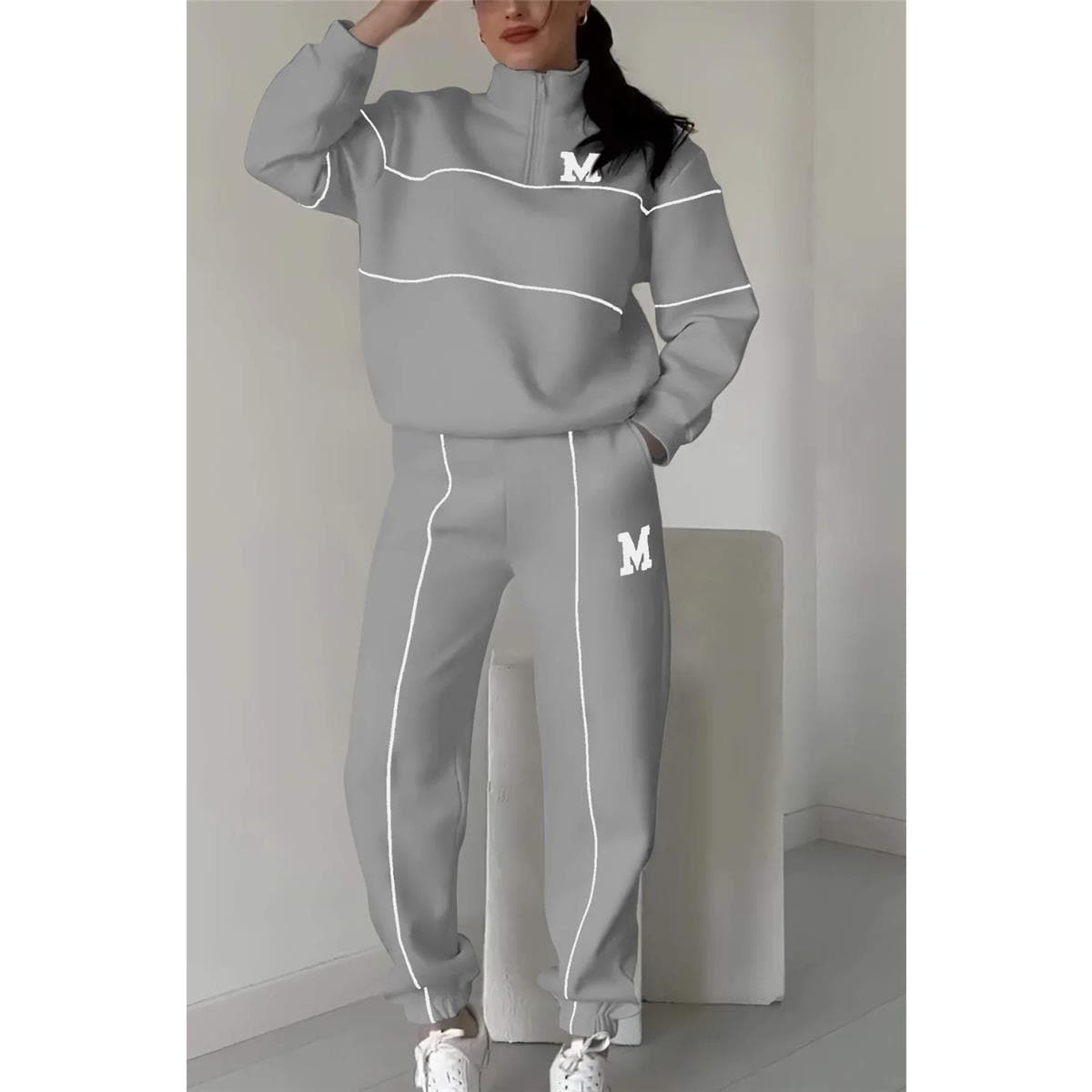 Women's sets sports casual long-sleeved zipper stand collar sweatshirt and trousers two-piece set XXL grey