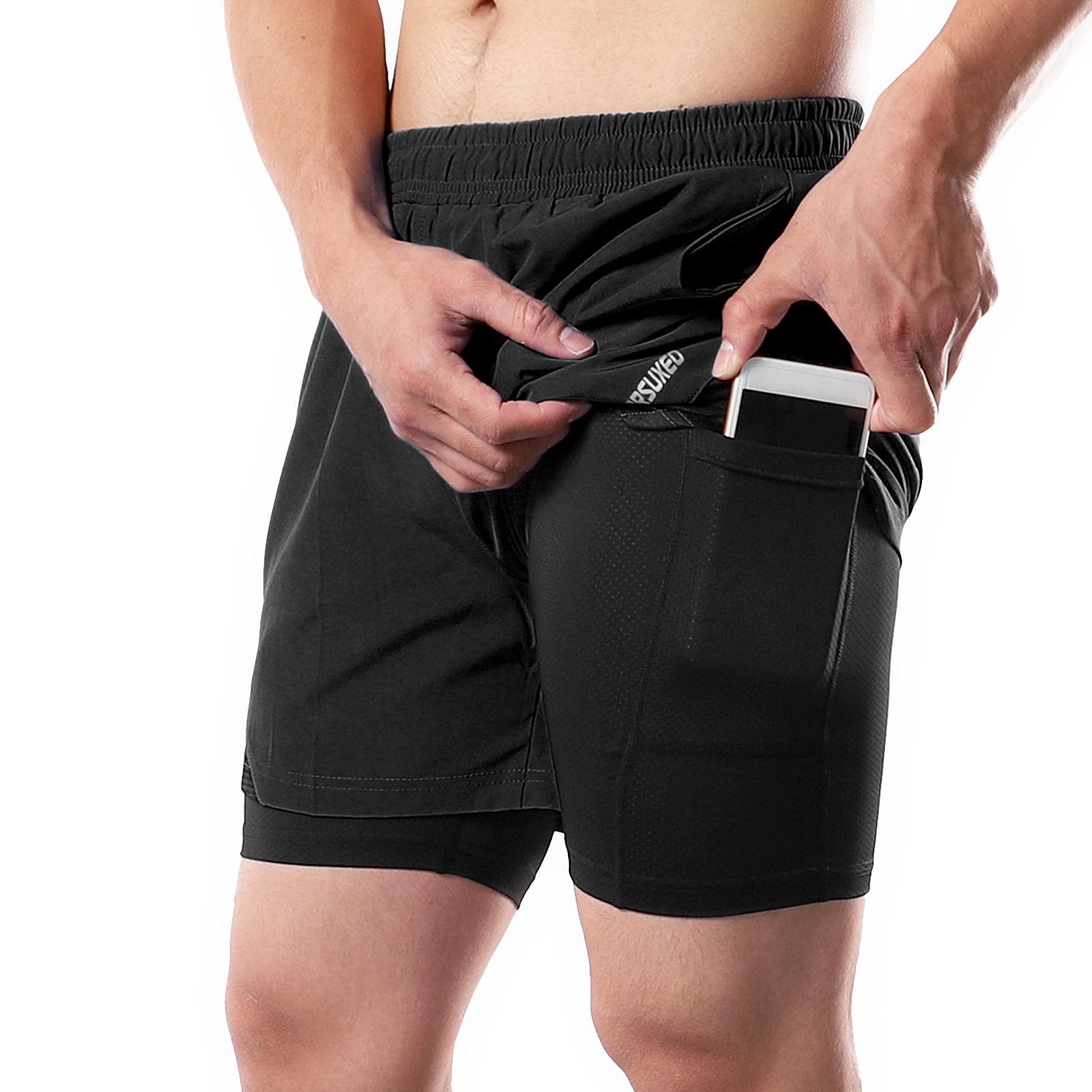 2-In-1 Men Running Shorts with Towel Loop Pockets Quick Dry Exercise Shorts for Training Gym Workout L black