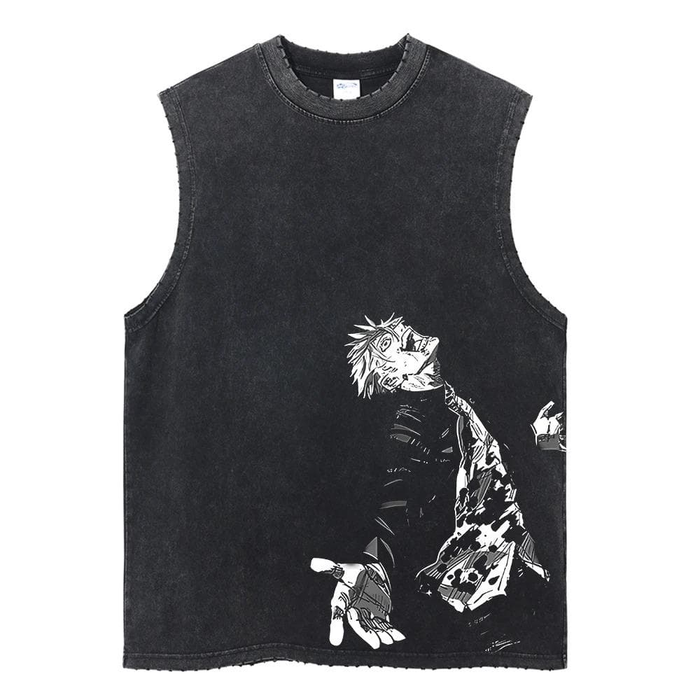 Summer Men Vintage Streetwear Sleeveless T-Shirts Cotton Tops Tees Washed Anime Print Casual Tops Oversize Tank Top M